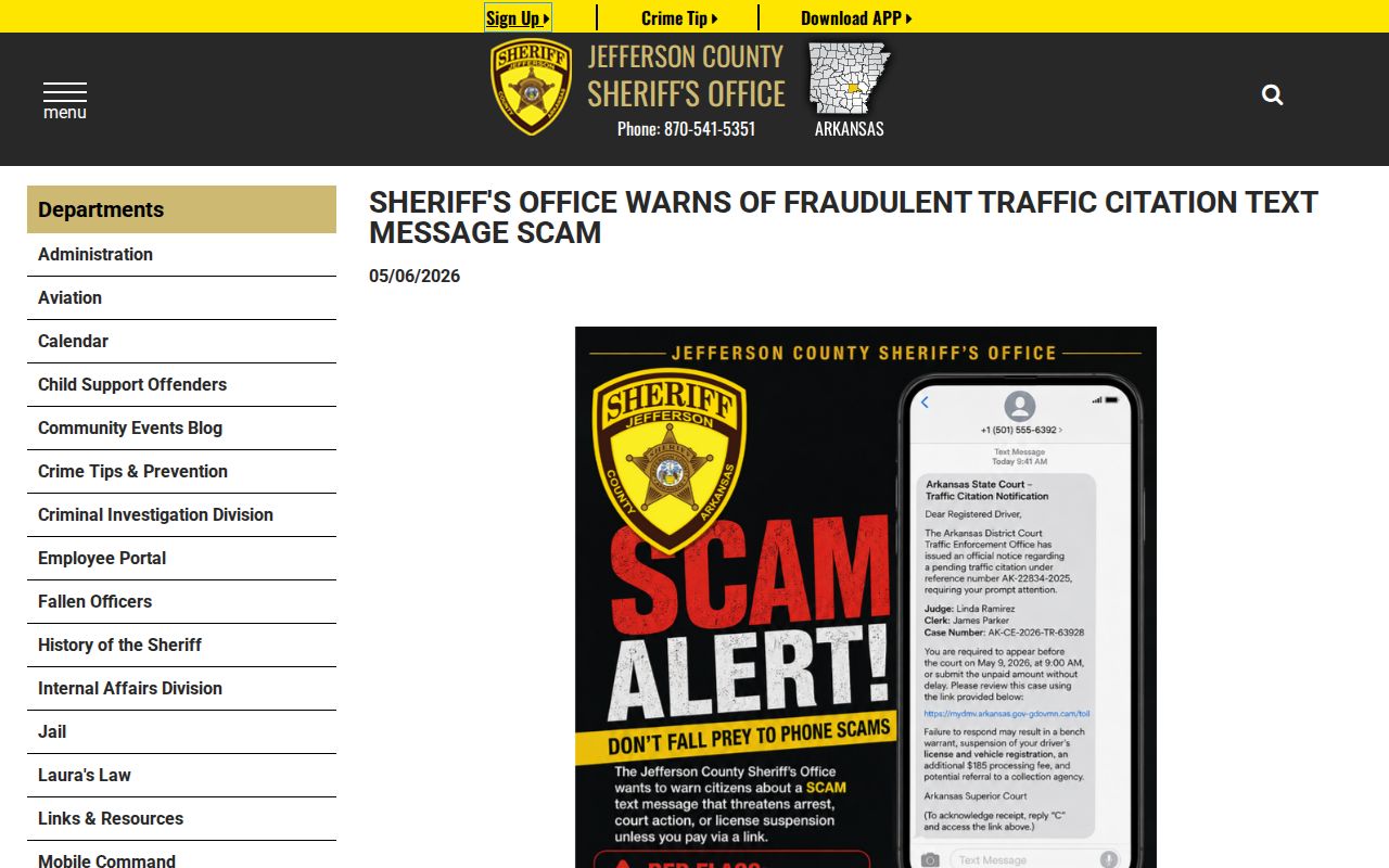 Jefferson County active warrant and traffic text scam alert