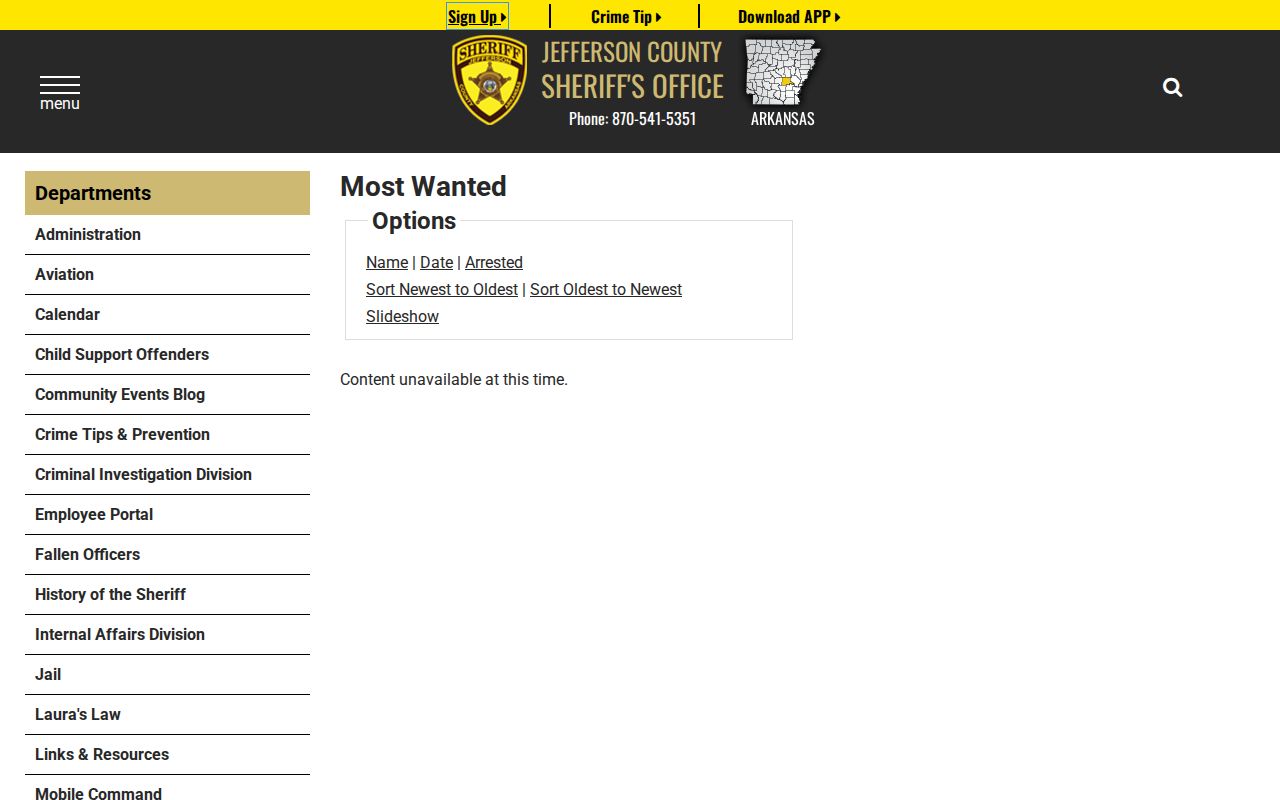 Jefferson County Sheriff Most Wanted page showing unavailable content